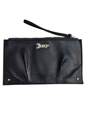 Juicy Couture Black Faux Leather Wrist Strap Clutch with Gold Logo